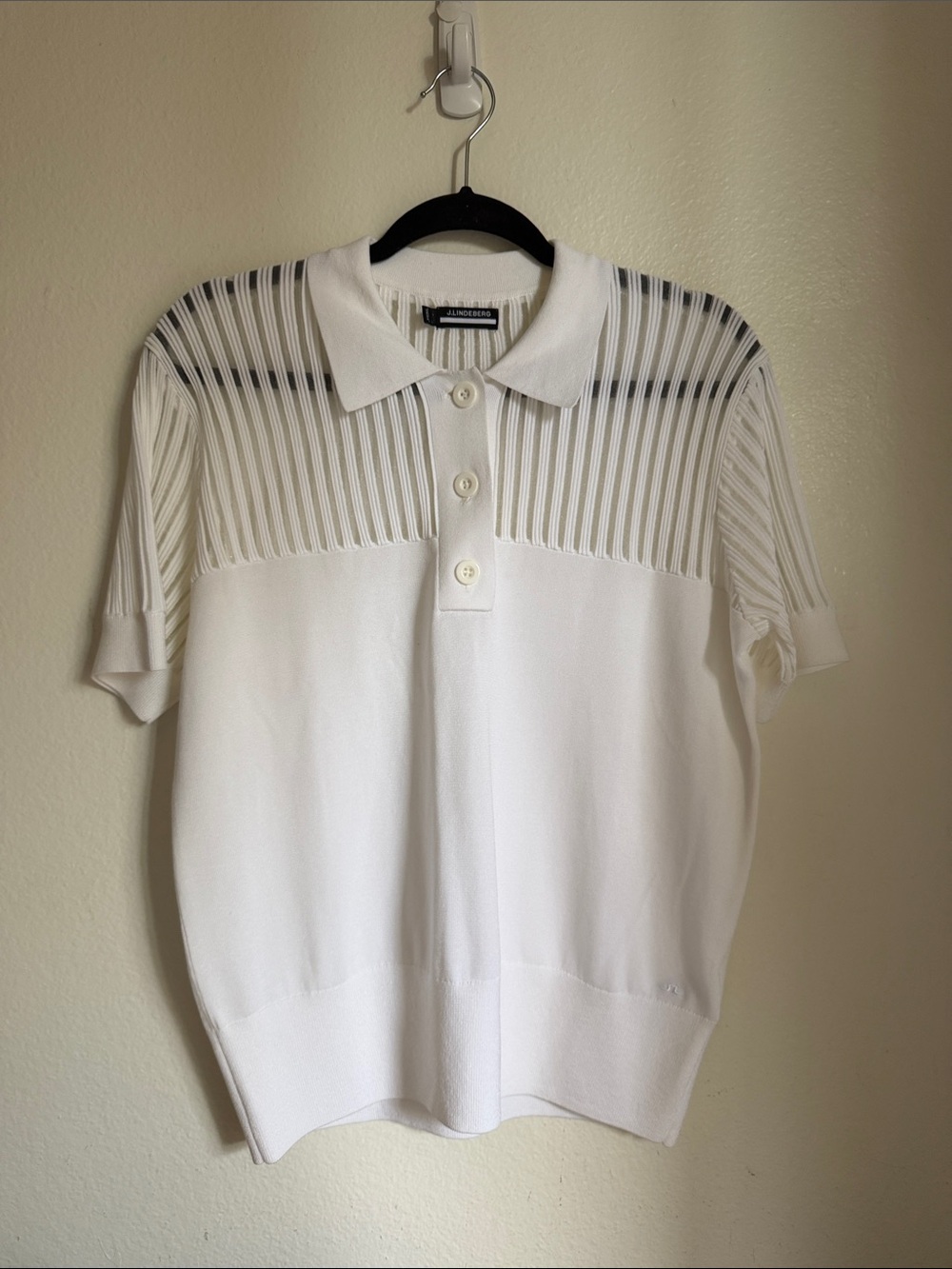J.Lindeberg White Short-Sleeve Knit Polo with Open Rib Detail